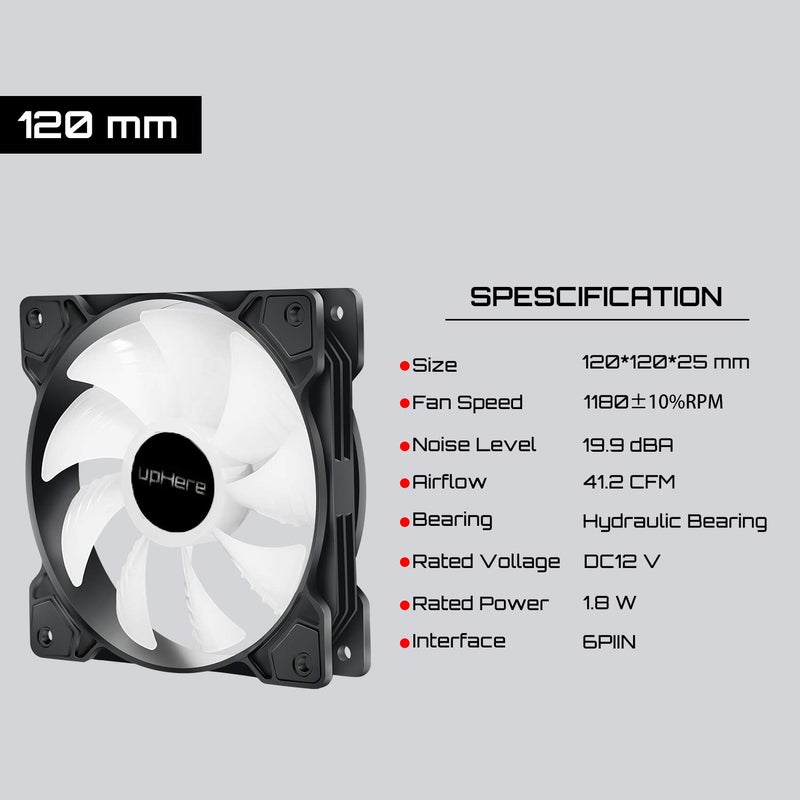 upHere 120mm Case Fan,Support 5V ARGB Addressable Motherboard SYNC,Colorful Cooler Speed Adjustable with Fan Control Hub for PC Cases, CPU Coolers,Radiators System,6-Pack,SR12-06-6 - Image 5